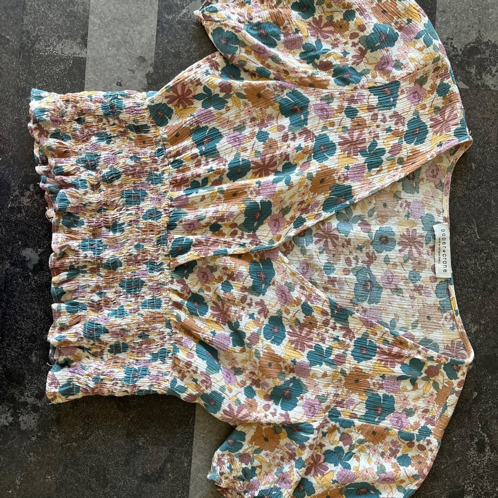 PAPER CRANE Teal, Mustard & Pink Floral Smocked Blouse